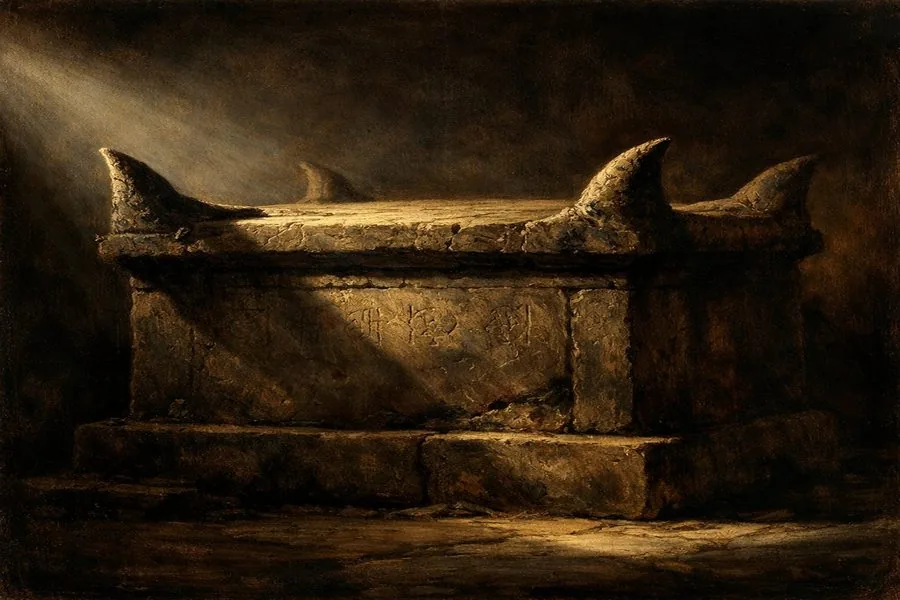 Древний жертвенник с рогами в полутьме, луч света освещает гравировку на камне