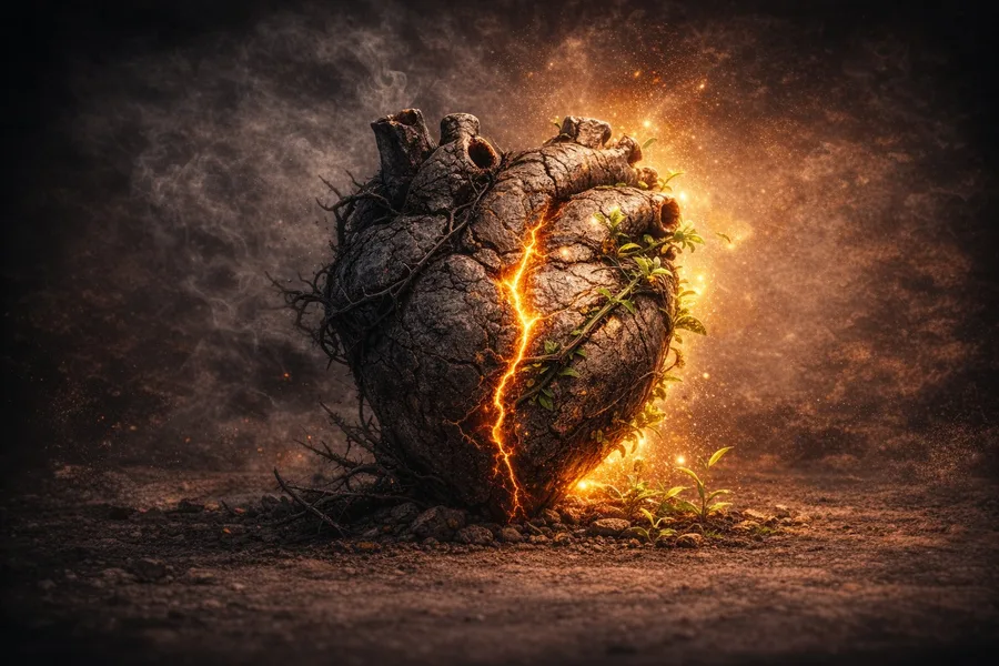 Каменное сердце в трещинах с пробивающейся зеленью и огненной молнией — образ сердца на пороге обновления