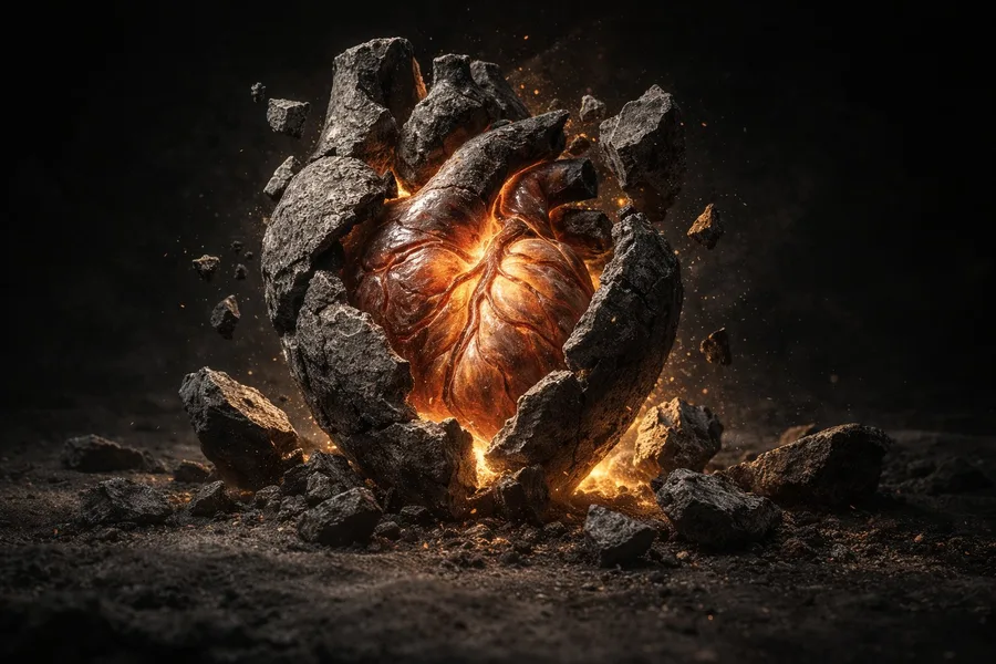 Живое пылающее сердце вырывается из каменной оболочки — образ нового сердца, данного Богом взамен каменного