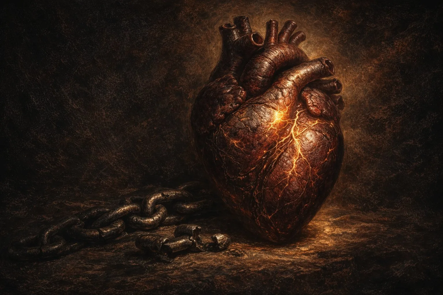 Тёмное анатомическое сердце с огненными трещинами и разорванными цепями — образ сердца, освобождённого благодатью