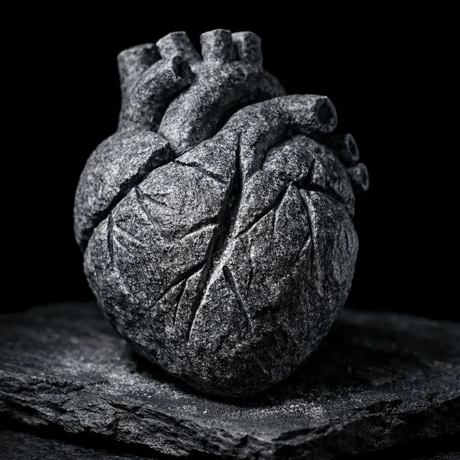 Анатомическое сердце из тёмного гранита на чёрном камне — образ крайне испорченного, каменного сердца