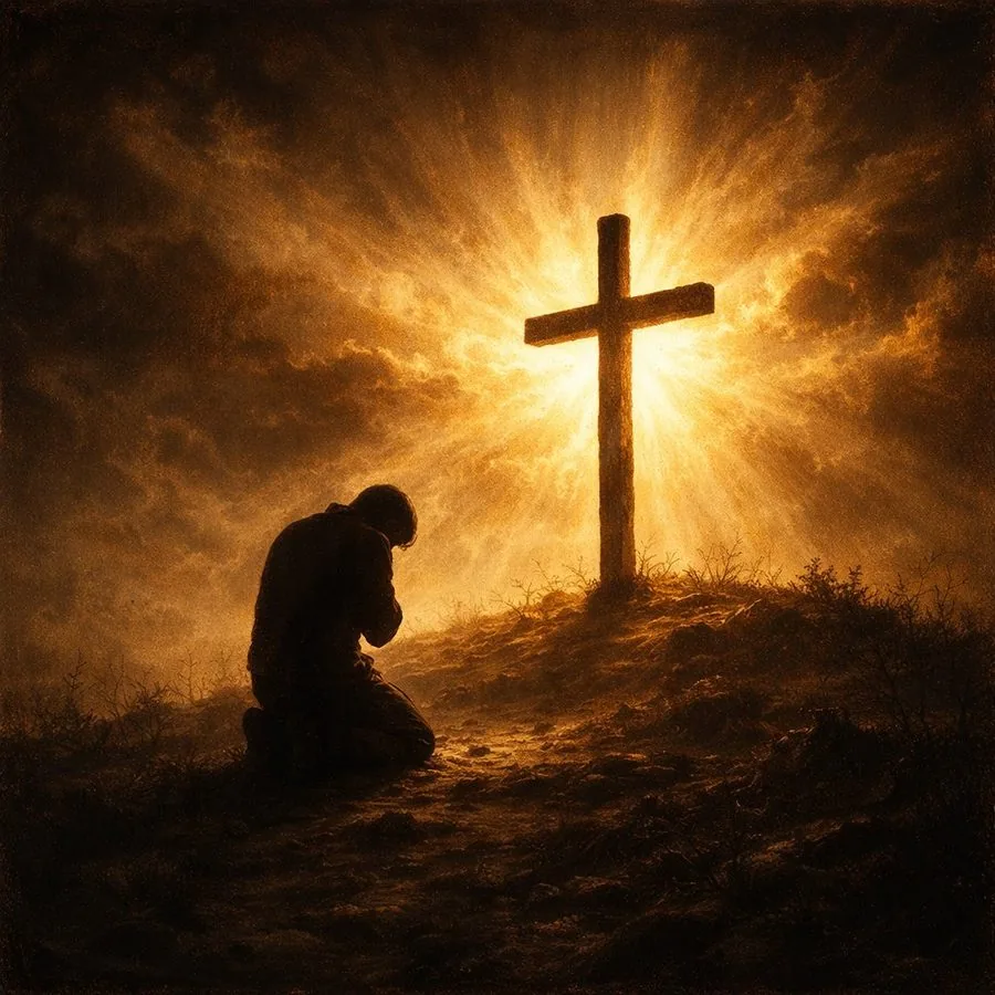 Силуэт человека на коленях перед крестом на холме в лучах золотого света