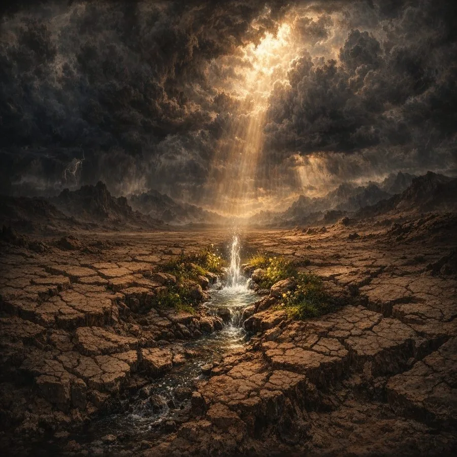 Иссохшая растрескавшаяся земля и источник воды посреди неё под лучом света сквозь тучи