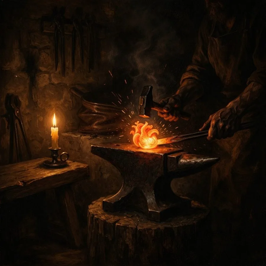 Тёмная кузница — светящееся сердце куётся на наковальне при свете свечи