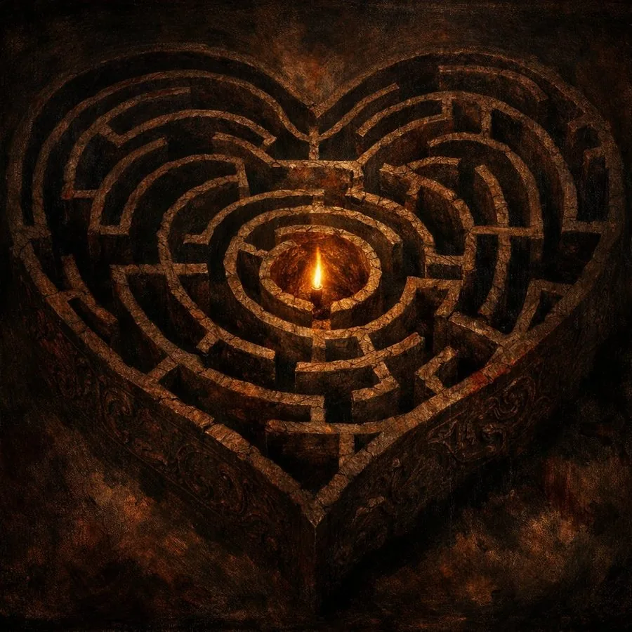 Лабиринт в форме сердца с огоньком в центре — символ обманчивости сердца
