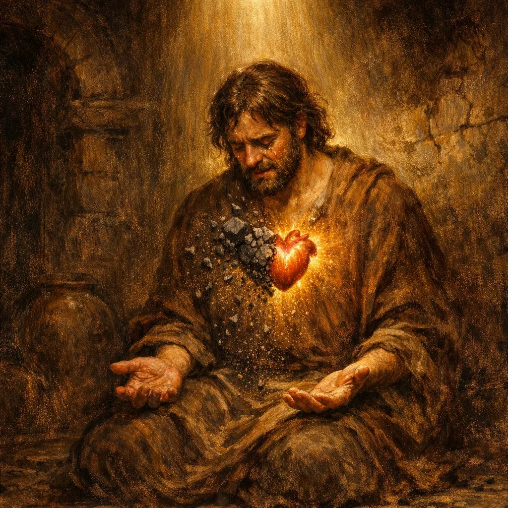 Человек с пылающим живым сердцем, вырывающимся из каменной оболочки — образ обновлённого сердца, данного Богом