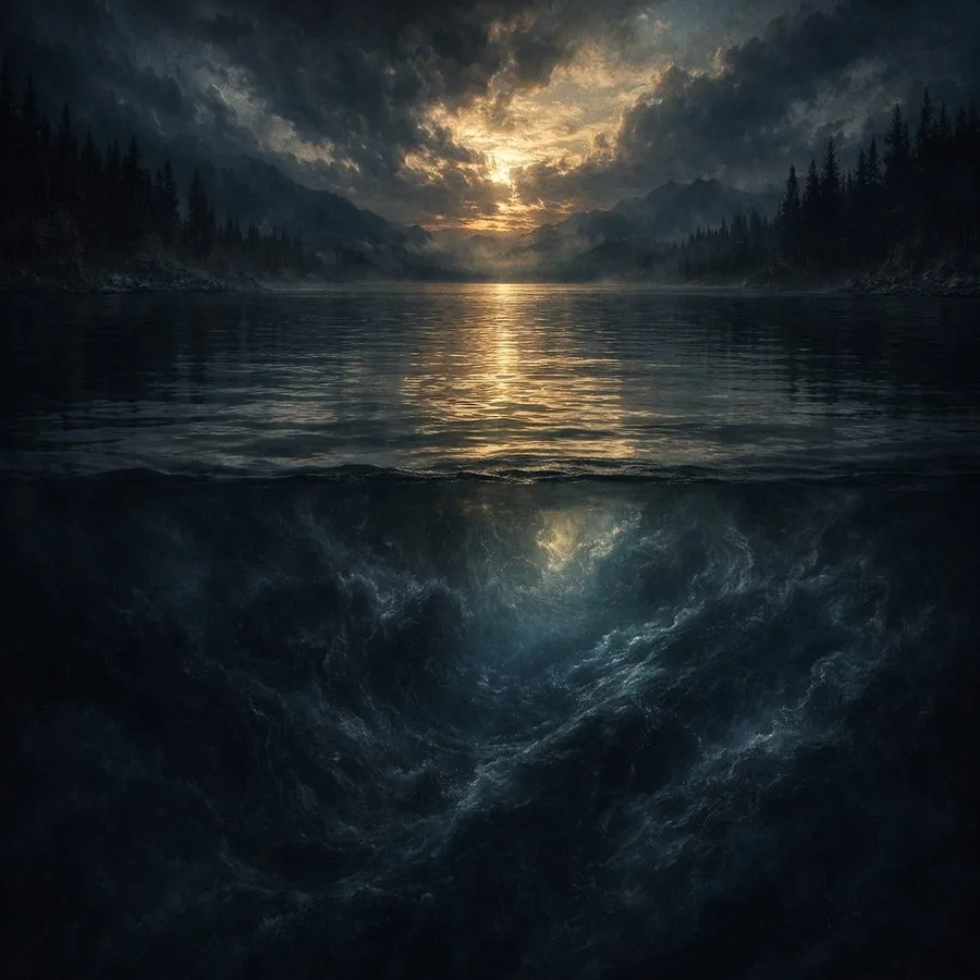Тихое озеро на закате — спокойная поверхность скрывает тёмные течения в глубине