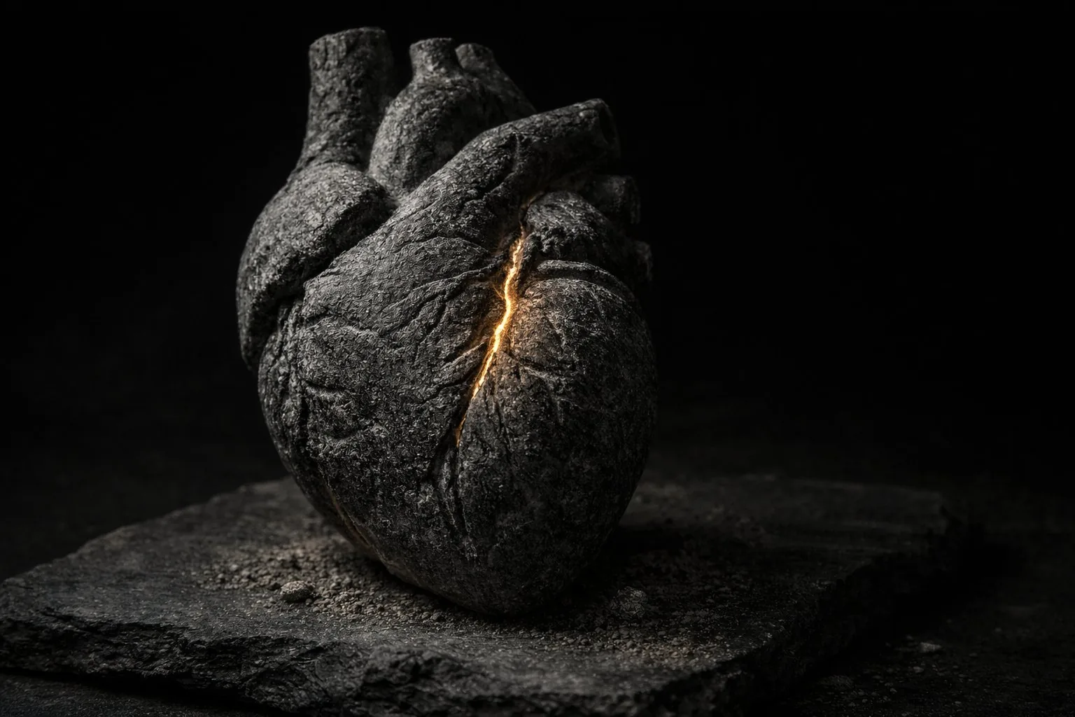 Каменное анатомическое сердце с первой светящейся трещиной — начало оживания