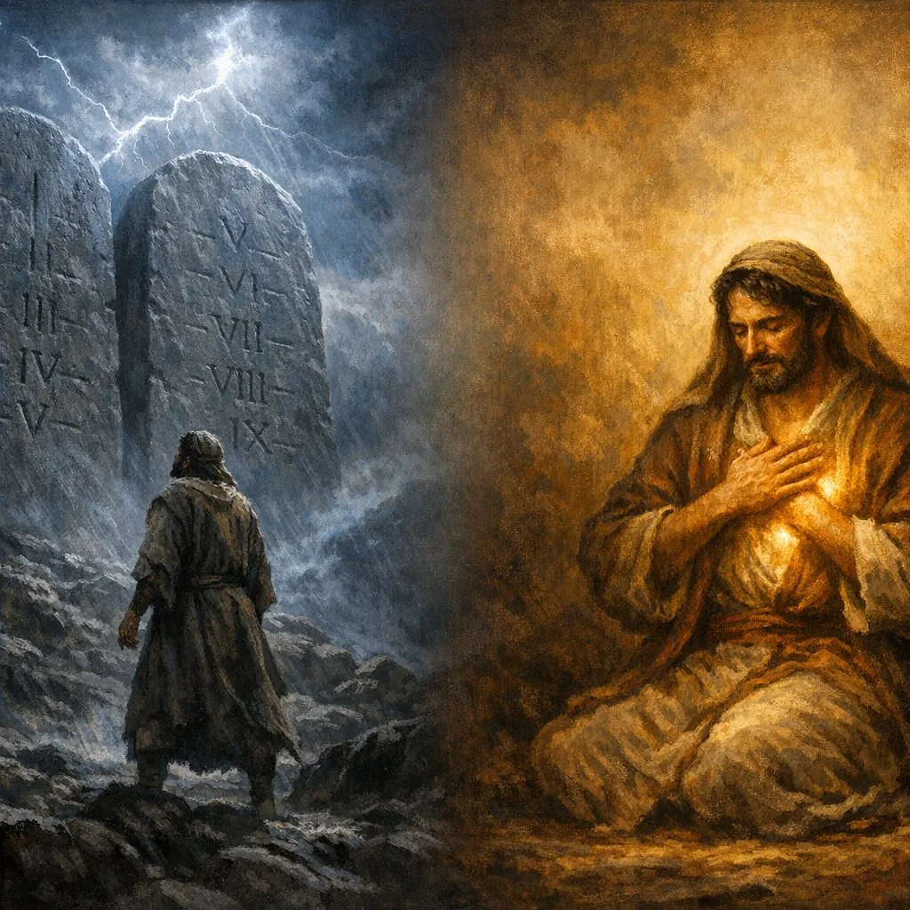 Слева — человек перед грозными каменными скрижалями под молнией; справа — Христос с сияющим сердцем в груди