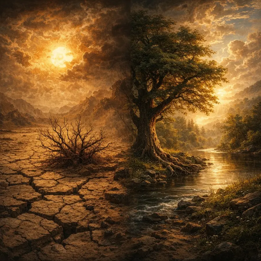Две картины: слева — иссохший куст на растрескавшейся земле под палящим солнцем, справа — могучее дерево у реки в золотом свете
